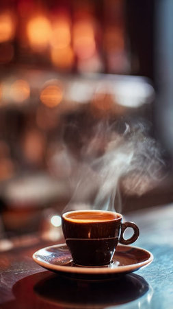 Cup of coffee on the bar counter in a cafe. Selective focus.の写真素材