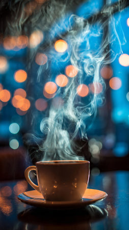 Cup of coffee in cafe with bokeh lights on backgroundの写真素材