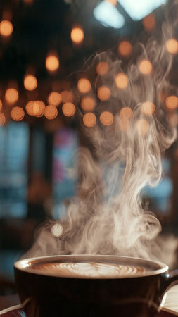 Cup of coffee with steam in cafe, shallow depth of field
