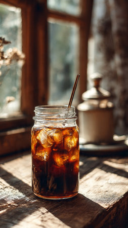 Iced coffee in a glass jar on a rustic wooden tableの写真素材