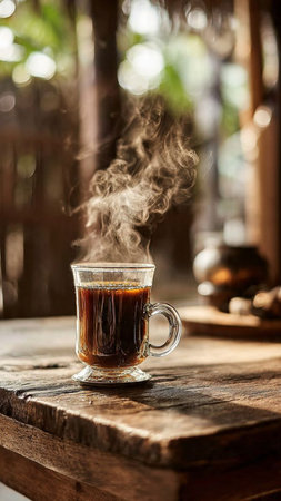 Coffee in a glass cup with smoke on a wooden tableの写真素材