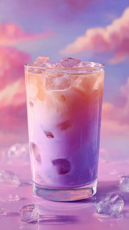 Glass of iced tea with ice cubes on pink and blue background