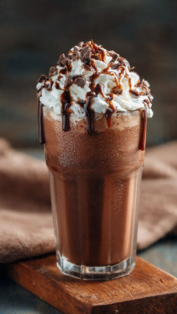 Chocolate smoothie with whipped cream and chocolate sauce in a tall glassの写真素材
