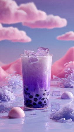Cold drink with ice cubes and bubbles in a glass on a purple backgroundの写真素材