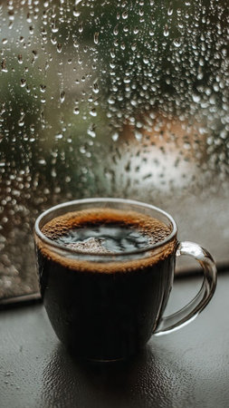 Coffee cup with water drops on the window with raindrops