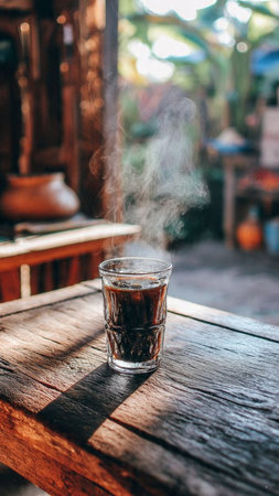 A glass of black coffee on a wooden table in a cafe.の写真素材