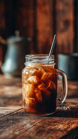 Iced coffee in a glass jar on a wooden background, selective focusの写真素材