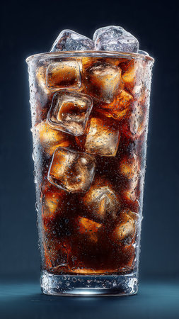 Glass of cola with ice cubes on dark background, close upの写真素材
