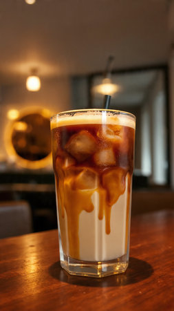 Iced coffee in a tall glass with ice cubes on the tableの写真素材