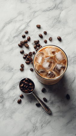 Coffee with ice cubes and coffee beans on white marble backgroundの写真素材
