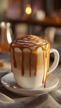 Caramel cappuccino with caramel sauce in a white cupの写真素材