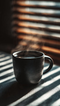 Cup of coffee on a window sill with blinds and sunlightの写真素材