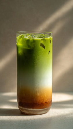 Iced green tea in a glass on the table with sunlight.の写真素材