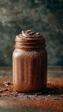 Chocolate smoothie in a jar with cocoa powder on a dark backgroundの写真素材