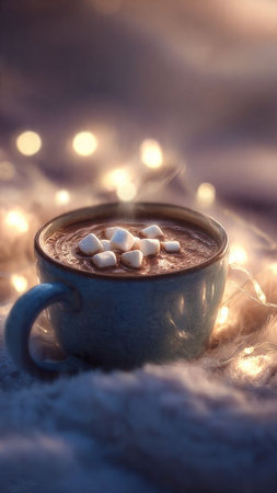 Cup of hot cocoa with marshmallow on the background of bokeh lightsの写真素材