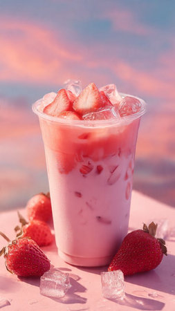 Strawberry milkshake with ice cubes on pink background.の写真素材