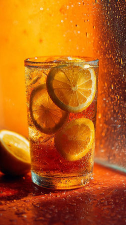 Glass of cola with ice cubes, lemon slices and water dropsの写真素材