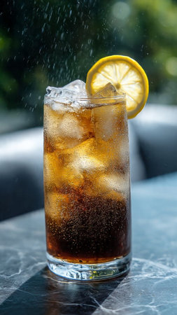 Cola with ice cubes and lemon on the stone table in coffee shopの写真素材