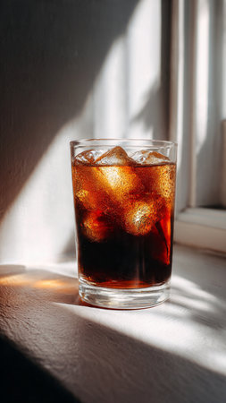 Glass of cola with ice cubes on the windowsill in sunlightの写真素材