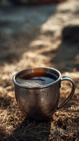 Cup of coffee on the ground in the forest. Selective focus.の写真素材