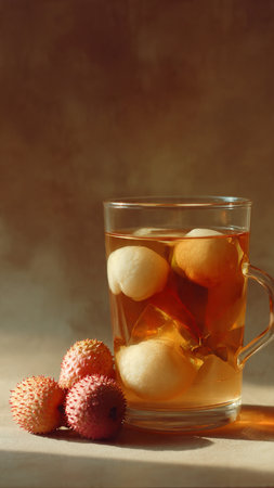Lychee juice in a glass and ripe fruits on a dark backgroundの写真素材