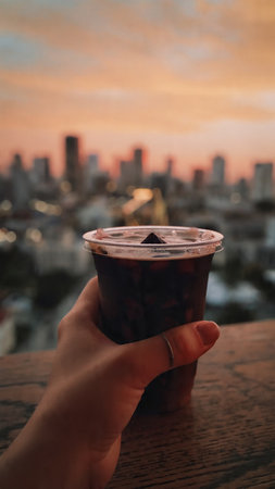 Woman hand holding a cup of cola with ice on top of the building.の写真素材