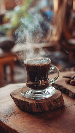 Coffee cup with smoke on wooden table in coffee shop.の写真素材
