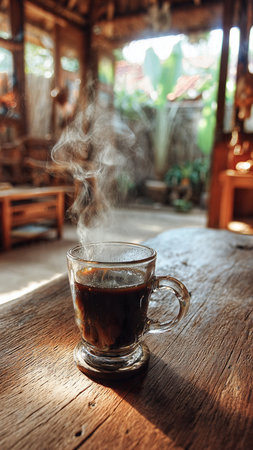 Coffee cup on the wooden table in coffee shop, stock photoの写真素材