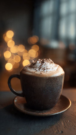 Cappuccino with whipped cream in a cup on a dark backgroundの写真素材