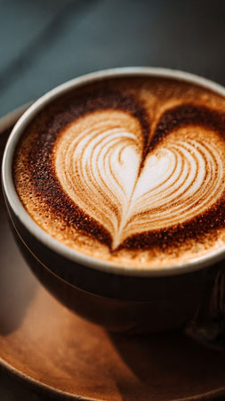 Coffee cup with heart pattern in coffee shop, stock photo