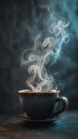 Cup of hot coffee with smoke on dark background. Copy space.