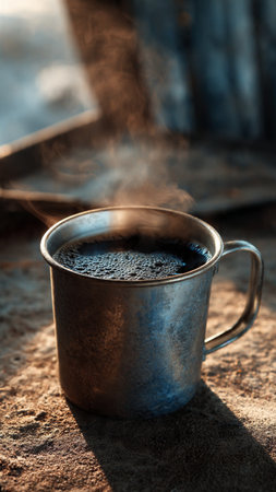 Coffee in a metal cup on a rustic background.の写真素材