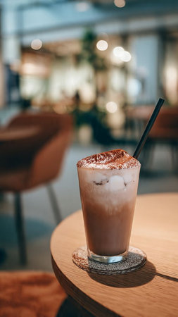 Iced coffee with milk on wooden table in cafe, stock photoの写真素材