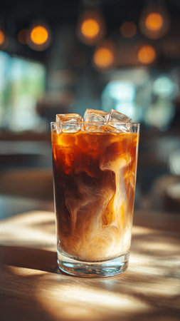 Iced coffee in glass on table in coffee shop, stock photo