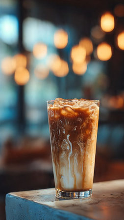 Iced coffee in a glass on the table in the cafe.の写真素材