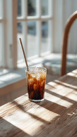 Iced coffee in a glass with straw on wooden table in cafeの写真素材