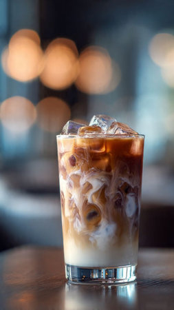 Iced coffee with ice cubes in a glass on the table.の写真素材