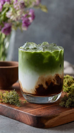 Green tea with milk in a glass on a wooden board with flowers