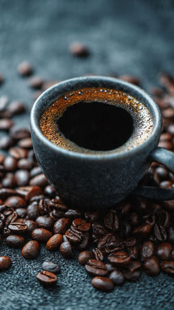 Coffee cup and coffee beans on dark background. Close up.の写真素材