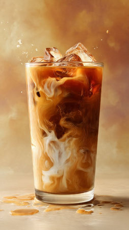 Iced coffee splashing into a glass with ice cubes on brown background
