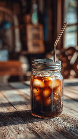 Iced coffee in a glass jar with straw on a wooden table