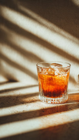 Alcoholic cocktail drink with ice in glass on table with sunlightの写真素材