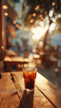 Glass on a wooden table in a restaurant. Selective focus.の写真素材