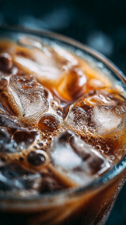 Cola with ice cubes in a glass on a dark background close upの写真素材