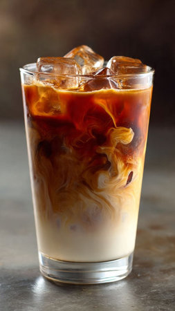 Iced coffee in a glass with ice cubes on a dark background