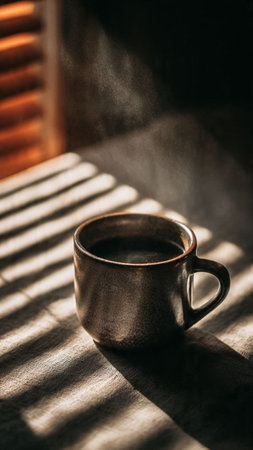 Cup of coffee on window sill with rays of sunlight and shadows