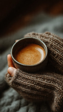 Female hands in warm sweater holding a cup of coffee, closeupの写真素材