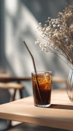 glass of cola with ice cubes and straw on table in cafeの写真素材