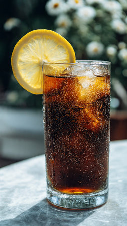 Cola with ice cubes and lemon on the table in the garden.