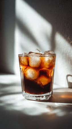 Glass of cola with ice cubes on white table in sunlight.の写真素材